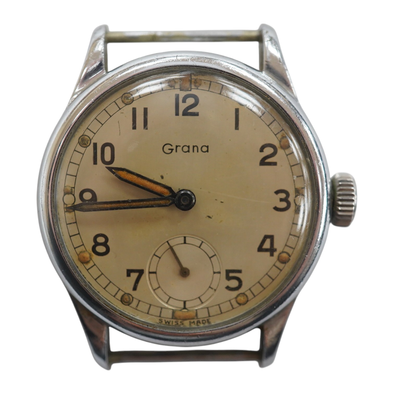 A gentleman's stainless steel WWII military issue Grana manual wind wrist watch, with Arabic dial and subsidiary seconds, no strap, case back engraved with broad arrow A.T.P. 52166, case diameter 32mm. Condition - poor t